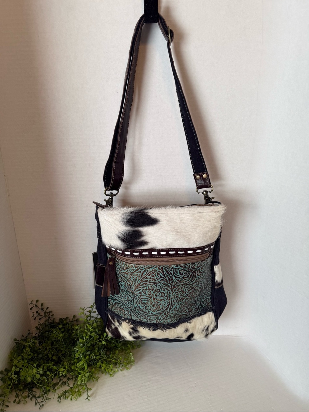 Myra Bag Forest Sky Cowhide Crossbody with Embossed Front